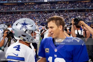 Football: Dallas Cowboys QB Dak Prescott (4) with New York Giants QB Eli Manning (10) after game at AT&T Stadium. Arlington, TX 9/11/2016 CREDIT: Greg Nelson (Photo by Greg Nelson /Sports Illustrated/Getty Images) (Set Number: SI541 TK1 )